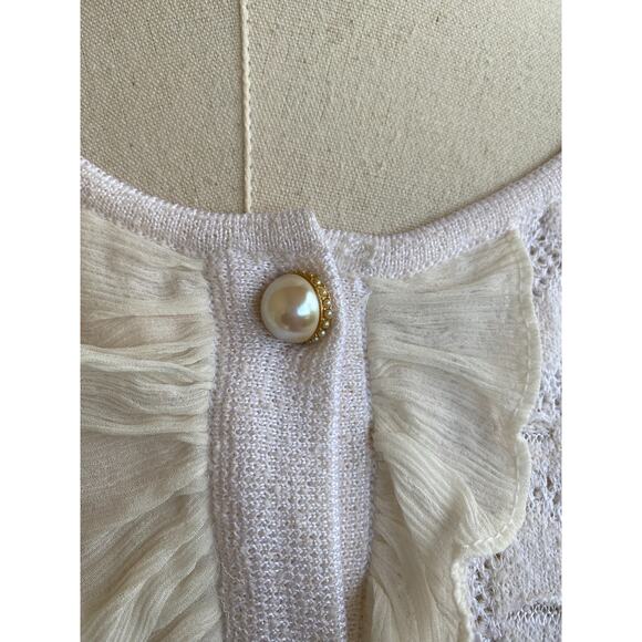 St. John Collection Ivory Cream Sweater Cardigan Pearl Buttons Ruffle Zip Sz M - Picture 3 of 7